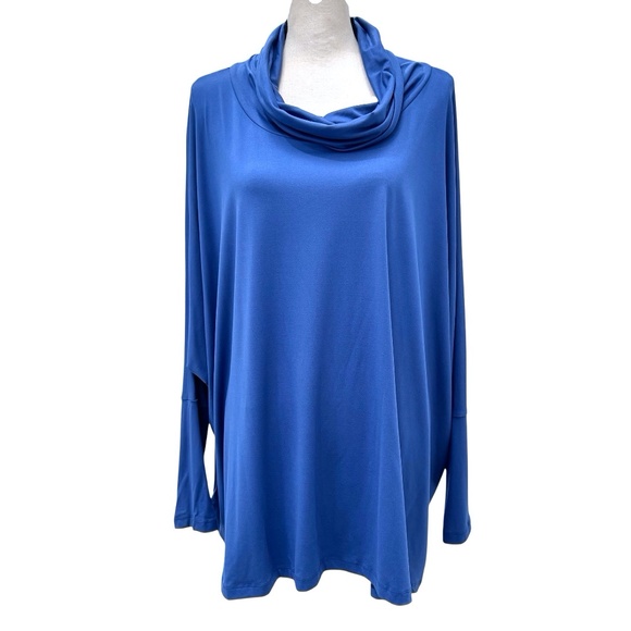 YANA K BLUE COWL NECK LONG SLEEVE OVERSIZED LOOSE FIT PONCHO TOP - Picture 1 of 11